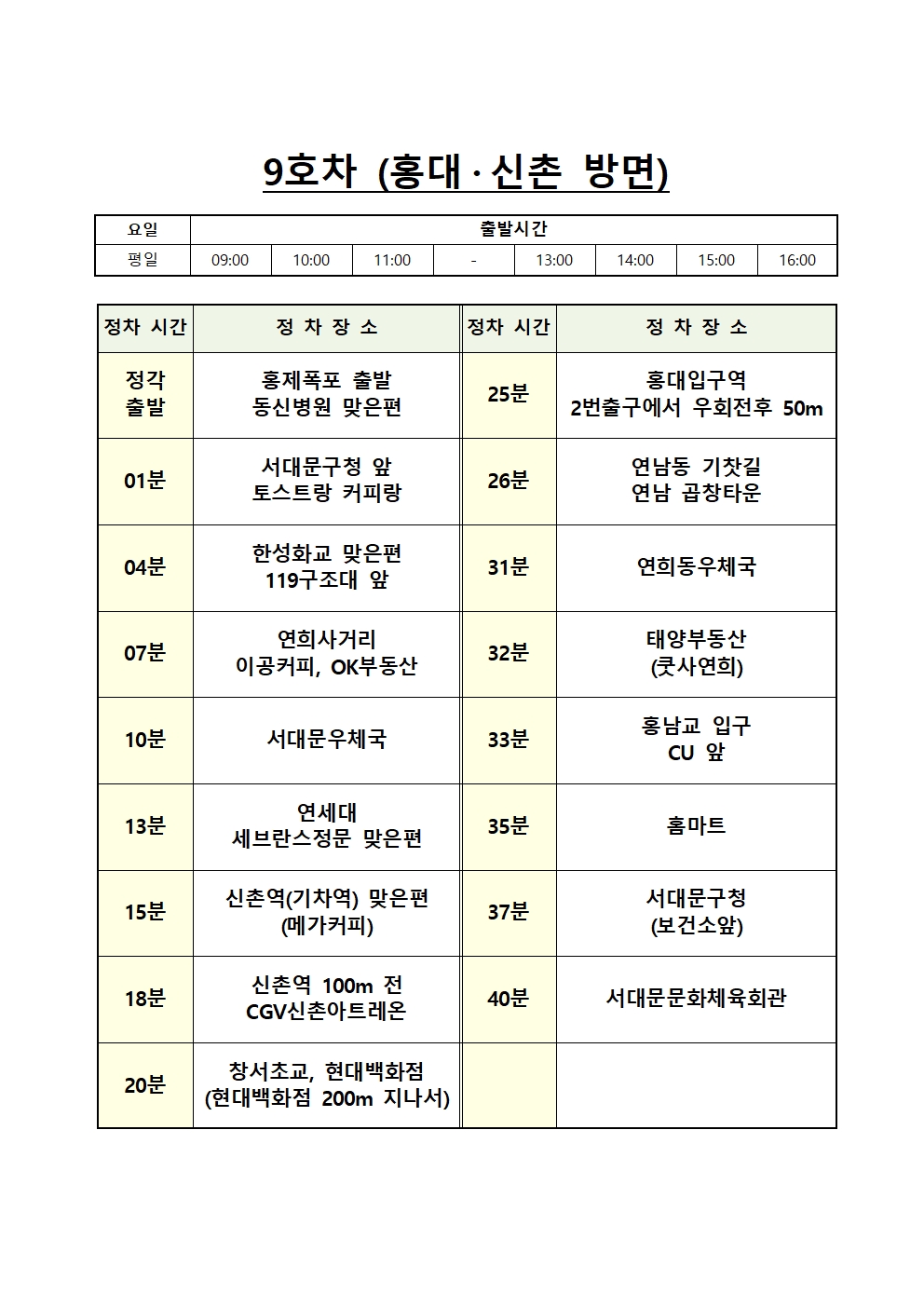 9호차 노선도(표)
