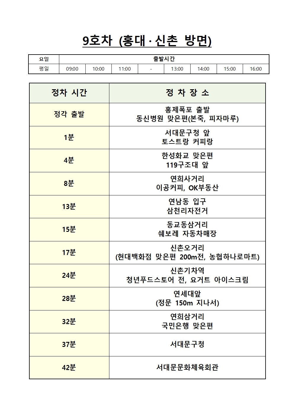 9호차 노선도(표)