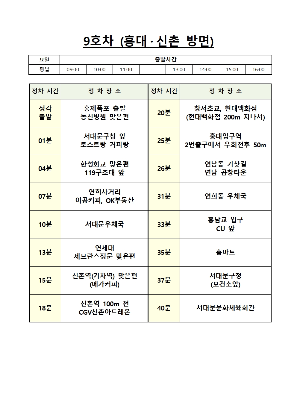 9호차 노선도(표)